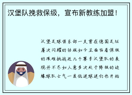 汉堡队挽救保级，宣布新教练加盟！