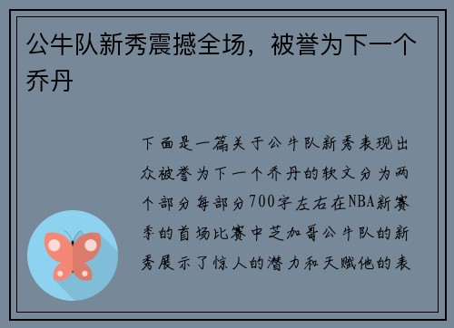 公牛队新秀震撼全场，被誉为下一个乔丹